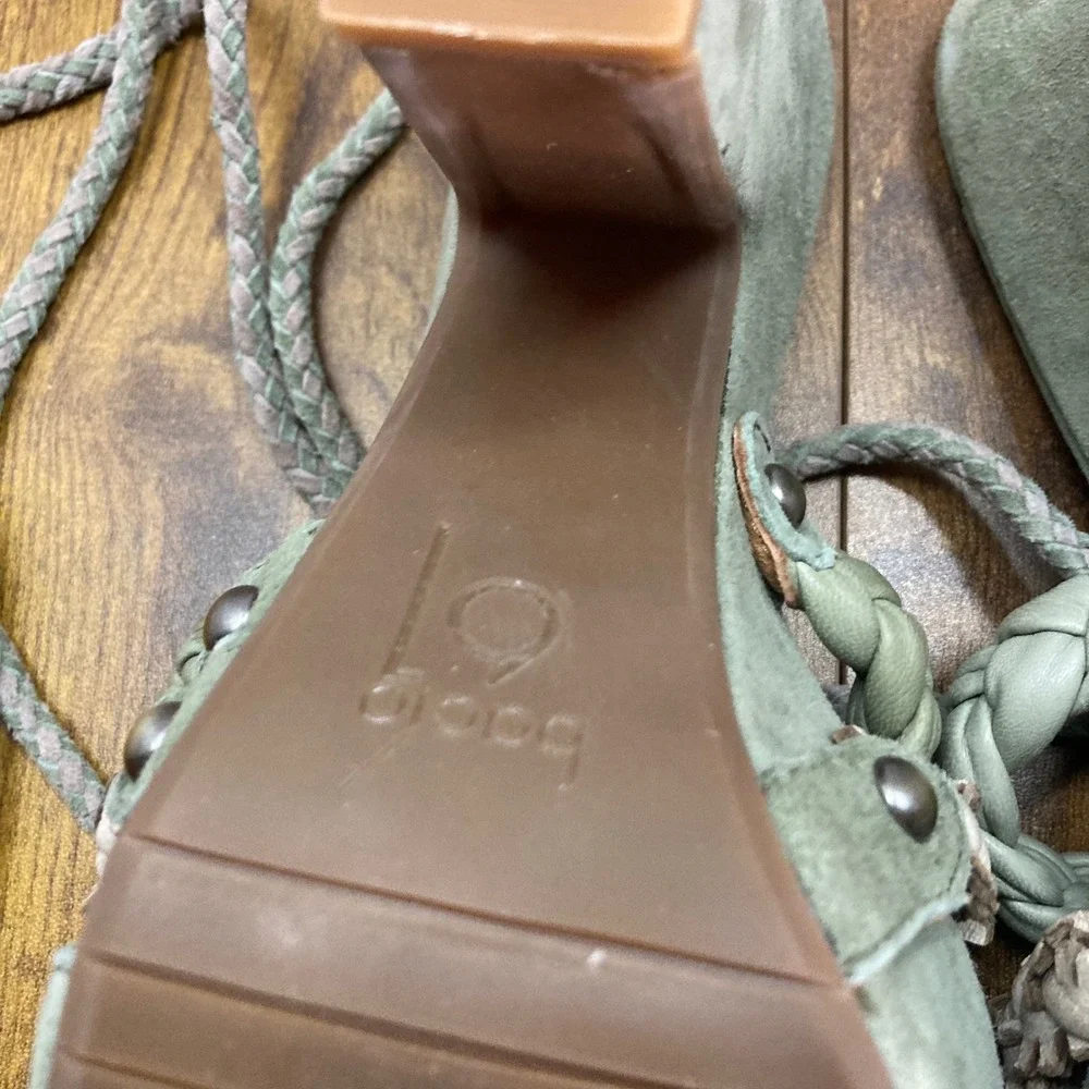 Bacio 61 Women Olive Green Suede Braided Lace Up Wedge Platform Heels Sandal 6.5